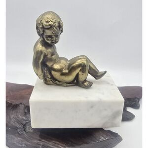 Brass Cherub Bookend Paperweight  Figurine on Marble Bases Regency